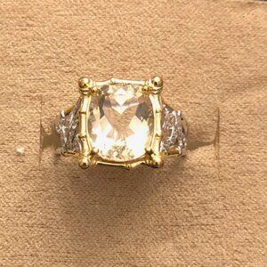 Rectangular Cushion Yellow Labradorite & Round White Zircon Two-Tone Silver Ring